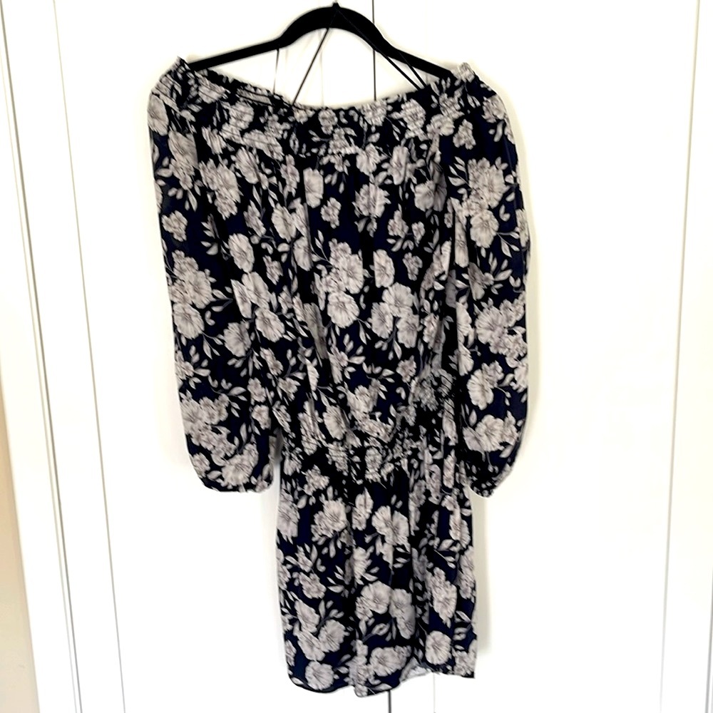 Intermix Silk Off the shoulder drop waste  navy gray floral dress above knee.